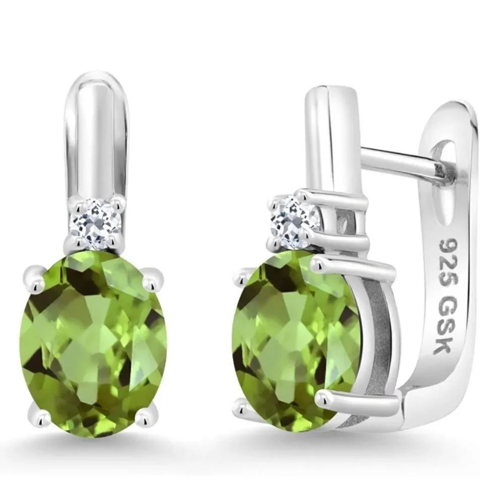 925 Sterling Silver with 2.86 Cttw Peridot and White Topaz Oval Drop Earrings